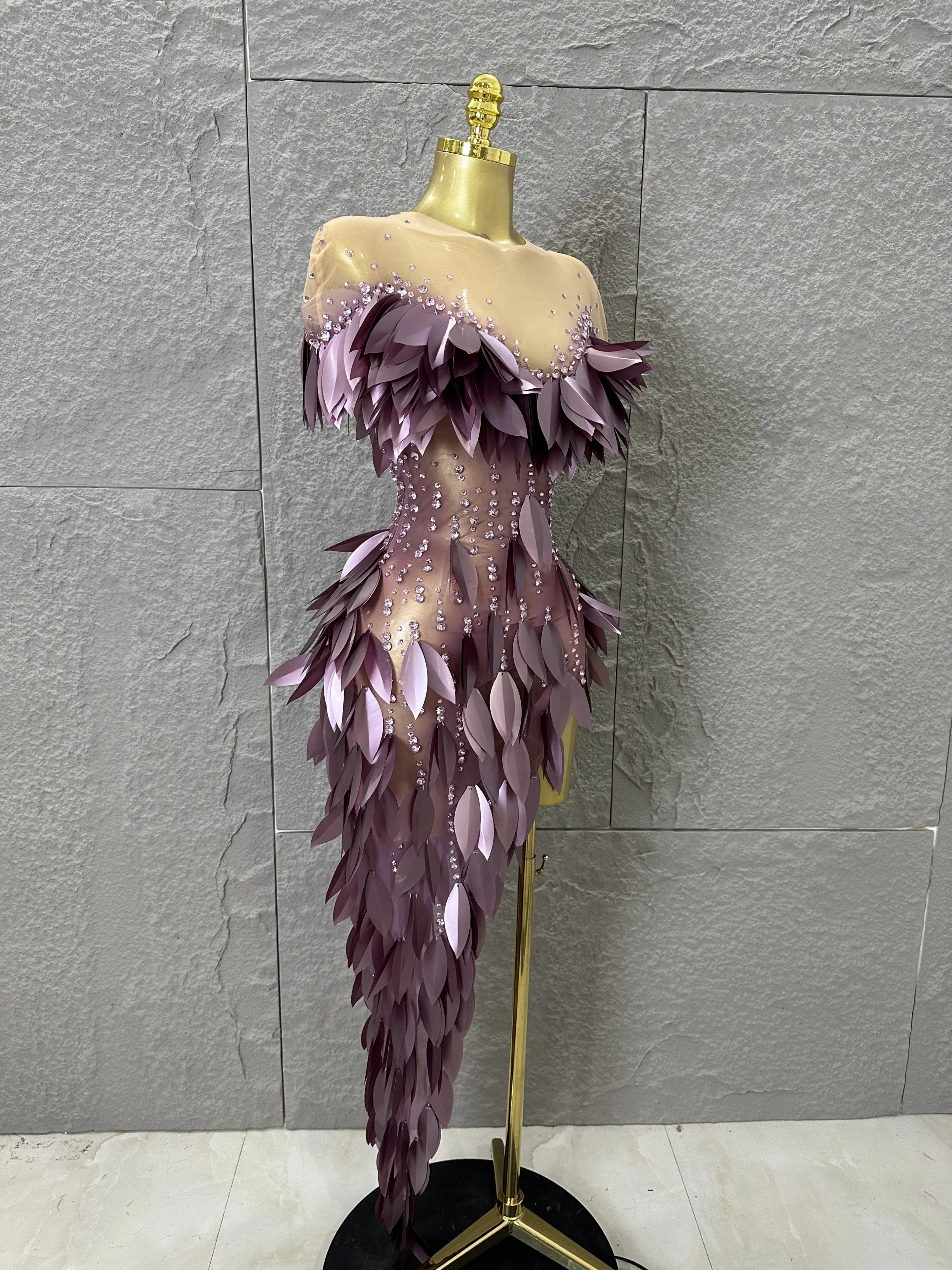 Sparkly 2026 Purple Sheer Mesh Dress Women Sexy Illusion Neck Rhinestone 3D Leaf Fringe Bodycon Evening Gala Nightclub Outfit