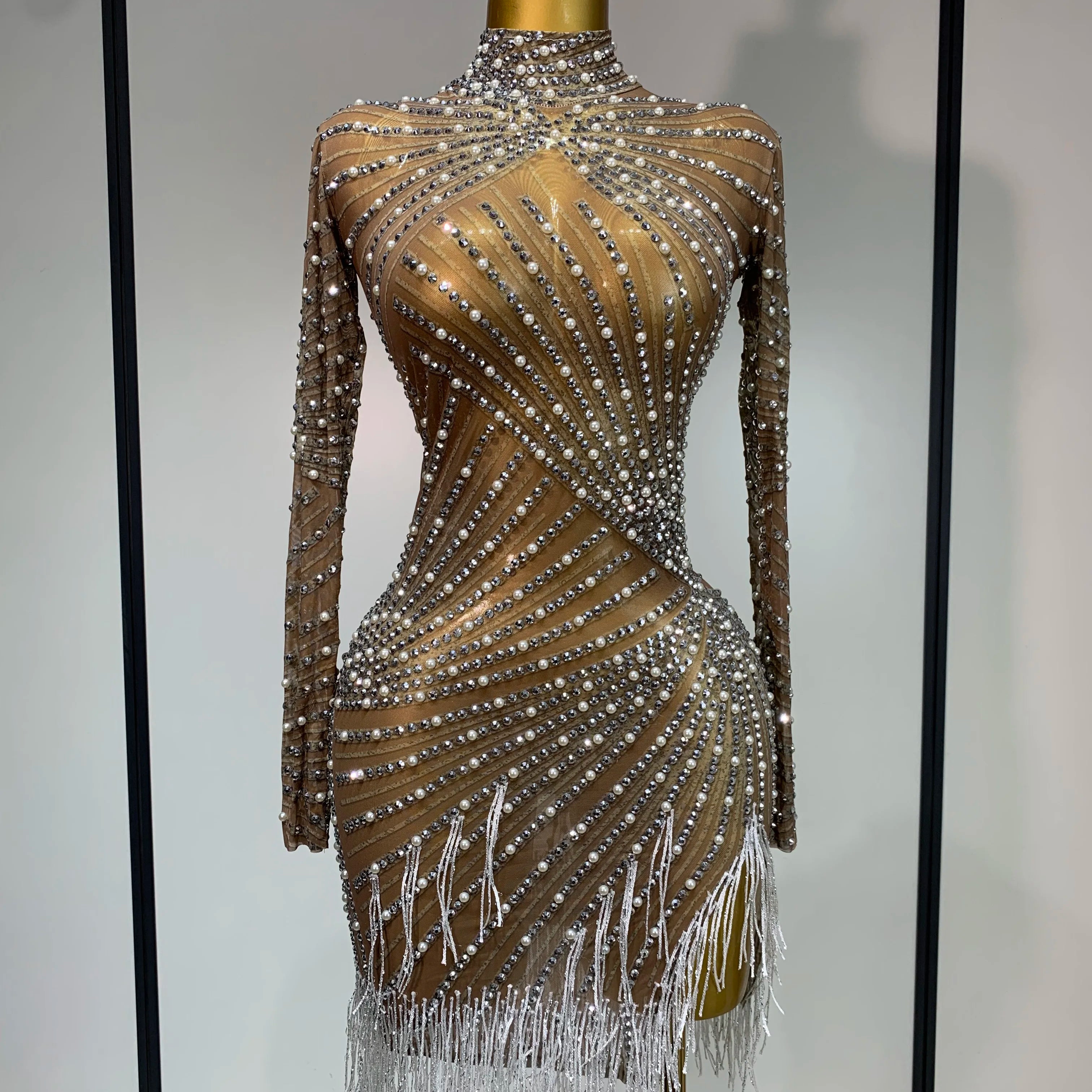 Luxury Rhinestone Tight Short Dress Women Long Sleeve Evening Party Prom Gown Birthdy Nightclub Performance Costume Stage Outfit Light Brown