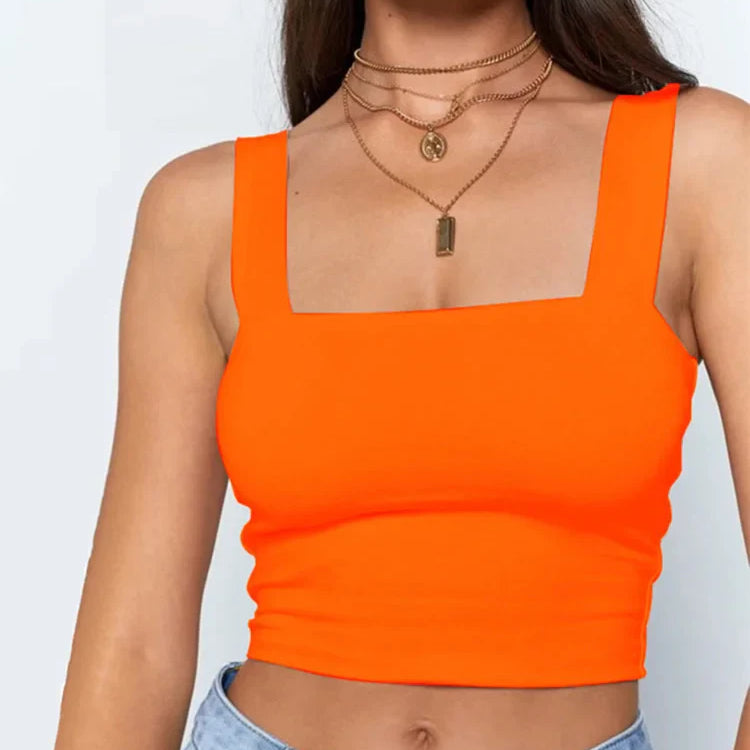 Square Neck Sleeveless Summer Crop Top White Women Black Casual Basic T Shirt Off Shoulder Cami Sexy Backless Tank Top Orange