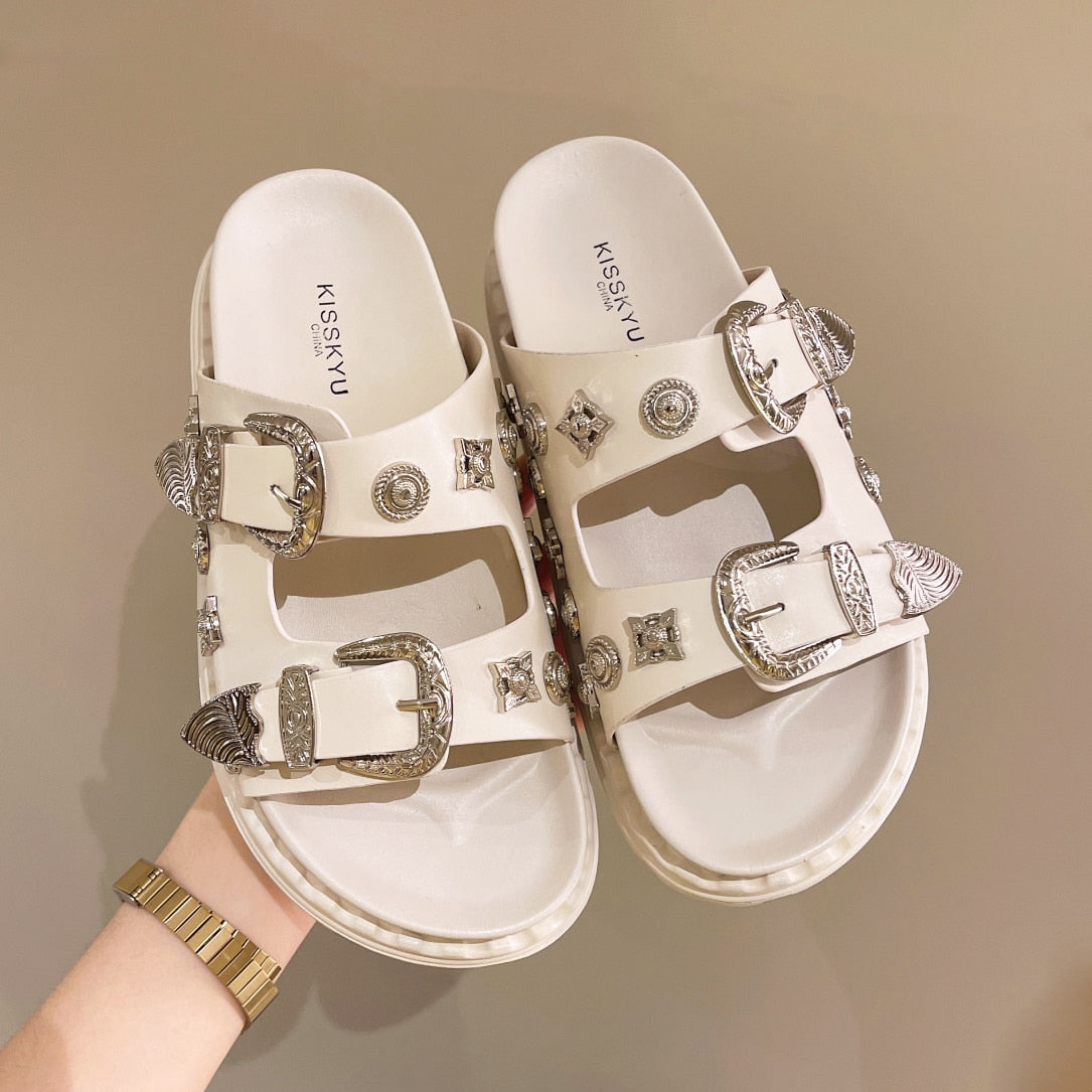Summer Punk Rock Women Slippers Rivets Platform Leather Mules Creative Metal Fittings Slippers Female Casual Sandals Shoe Slides beige