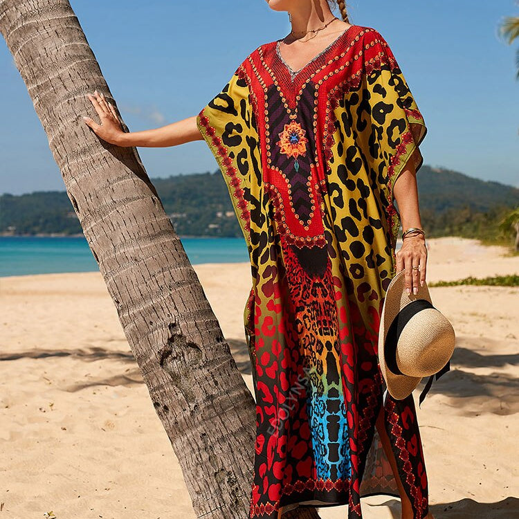 Plus Size Multicolored Loose Dress Cotton Tunic Women Large Size Beach Wear Kaftan Bohemian Printed Loose Beach Dresses Q1229-1084 One Size