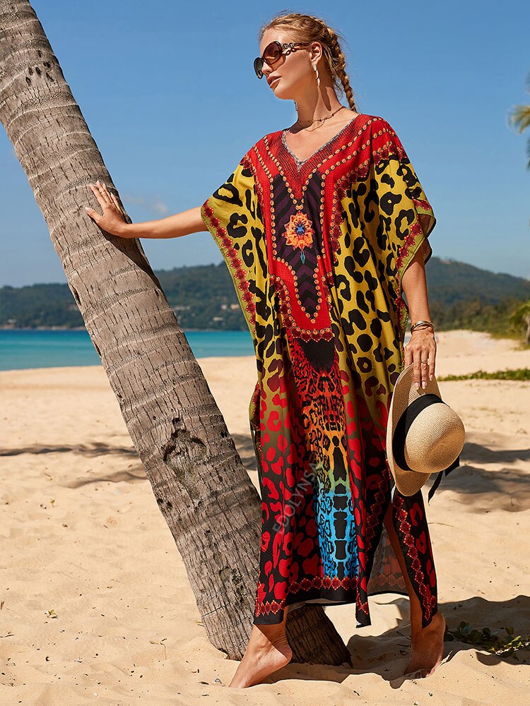 Plus Size Multicolored Loose Dress Cotton Tunic Women Large Size Beach Wear Kaftan Bohemian Printed Loose Beach Dresses Q1229-1084 One Size