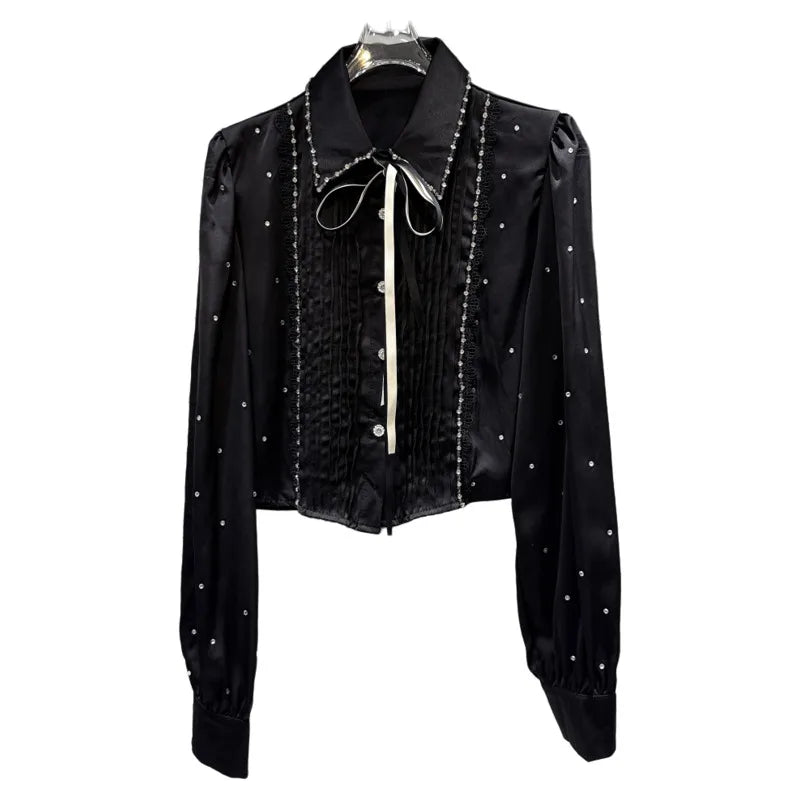 Winter New Fashion Lace-up Bowknot Rhinestone Heavy Industry Long-sleeve Shirt For Women Versatile Blouse 11A07822