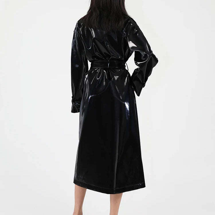 Spring Autumn Long Shiny Reflective Patent Leather Trench Coat for Women Sashes Luxury Designer Runway European Fashion