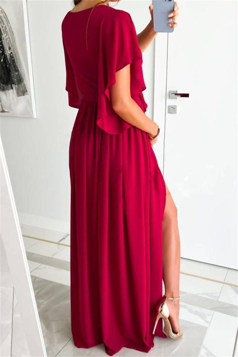 Solid Color High Waist Lace-up Gown Ladies Elegant Commuter Evening Party Split Hem Dressy Women's V Neck Flared Sleeve Dresses