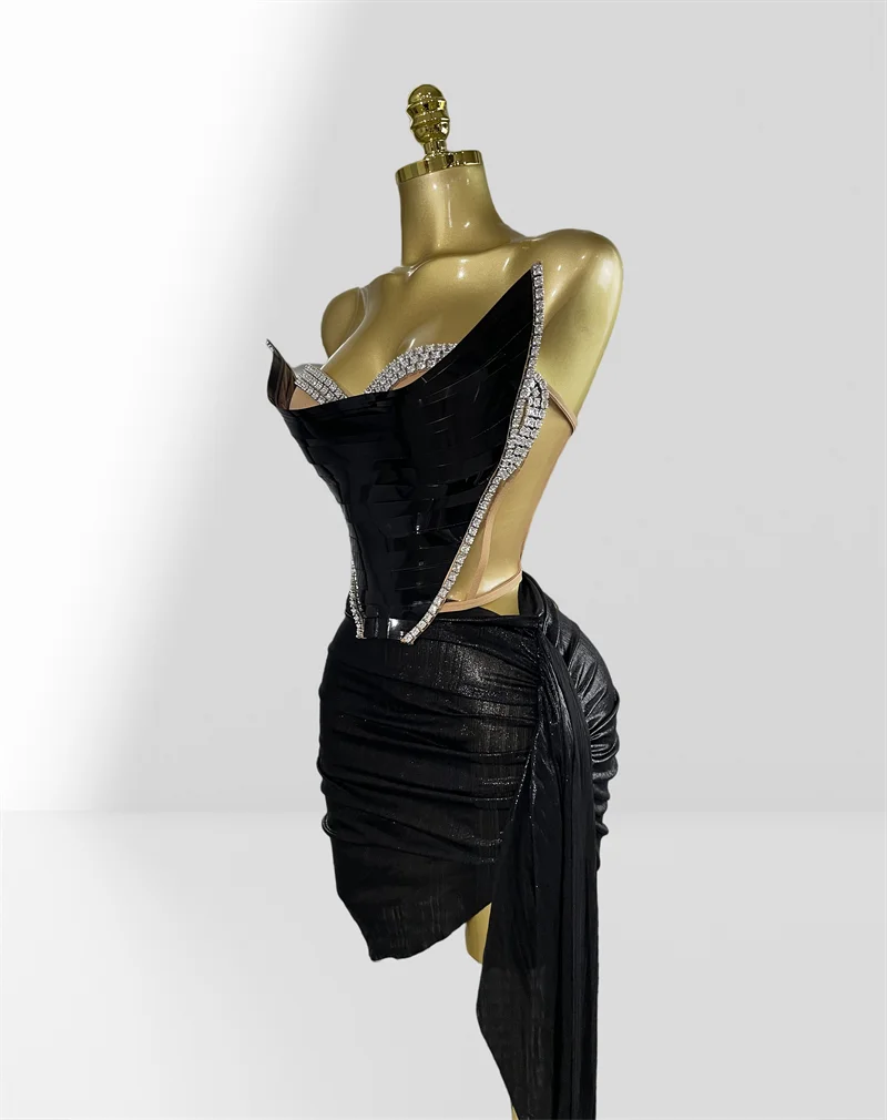 Fashionable Mirror Luxurious Rhinestone Lace -up Top And Mini Skirt Set 2 Pieces Woman Birthday Vestido Music Festival Outfit