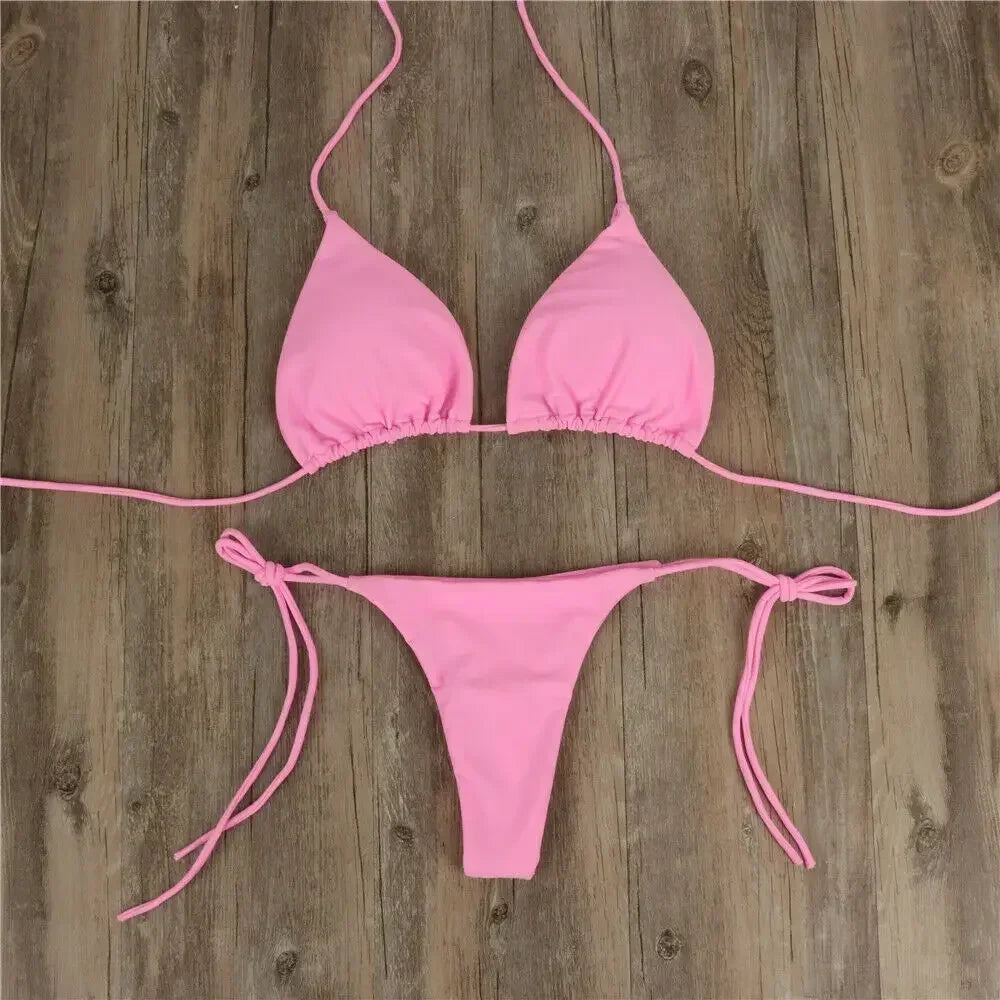 2 Pcs/Set Bikini Set Sexy Bikinis Solid Color Halter Neck Strap Thong Swimwear Bathing Suit Women Swimsuit Set for Beach Pink