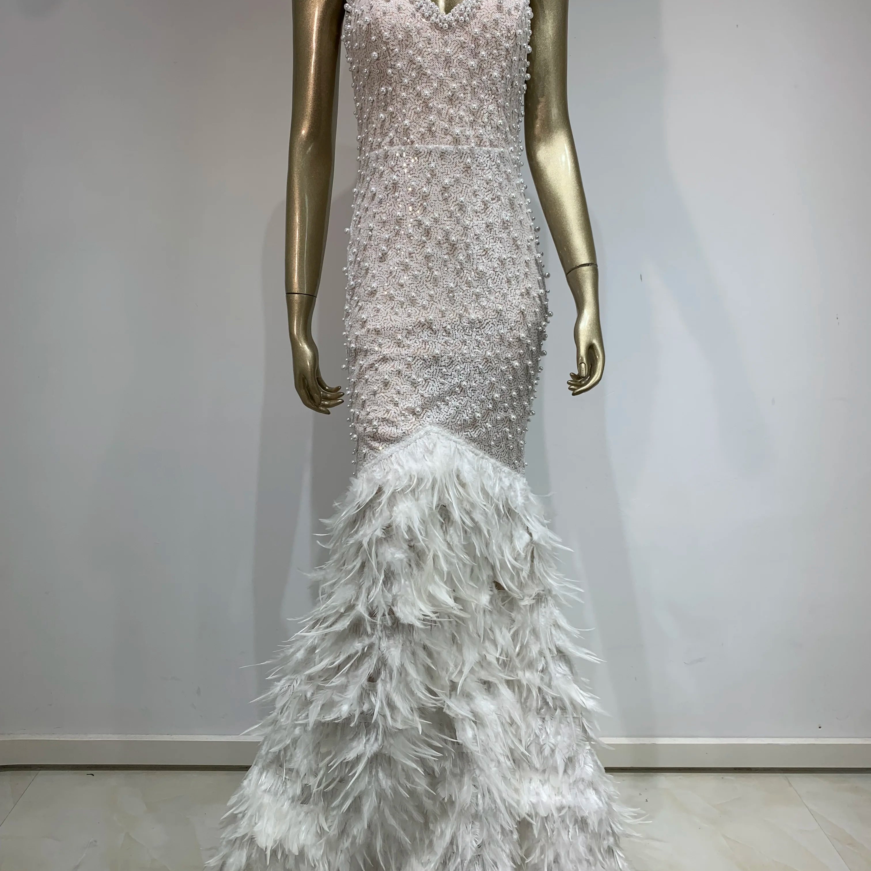 Women Celebrity Sexy V Neck Pearl Sequins Feather Maxi Long Dress 2024 Elegant Party Evening Stage Performance Dress Vestido