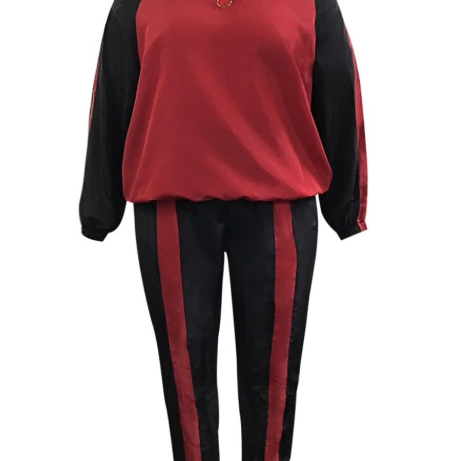 4XL 5XL LW Plus Size Striped Patchwork Zipper Design Pants Set Autumn&Winter Women Mandarin Collar Pocket Tracksuit Set