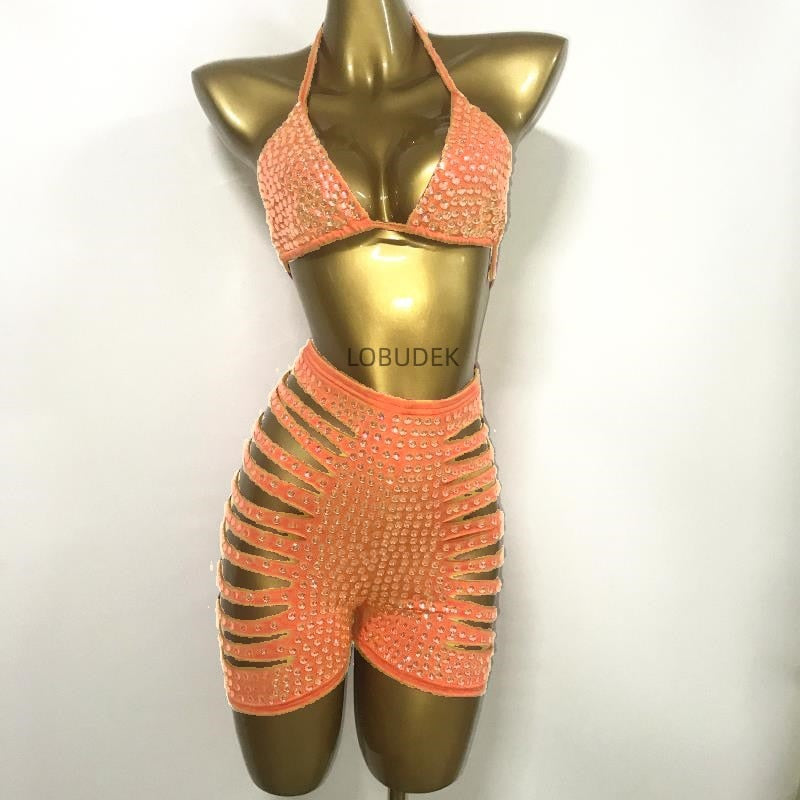 Shining Rhinestones Bra Hole Hollow Shorts Set Women Pink Crystal Bikini High Waist Pants Outfits Birthday Party Singer Costume