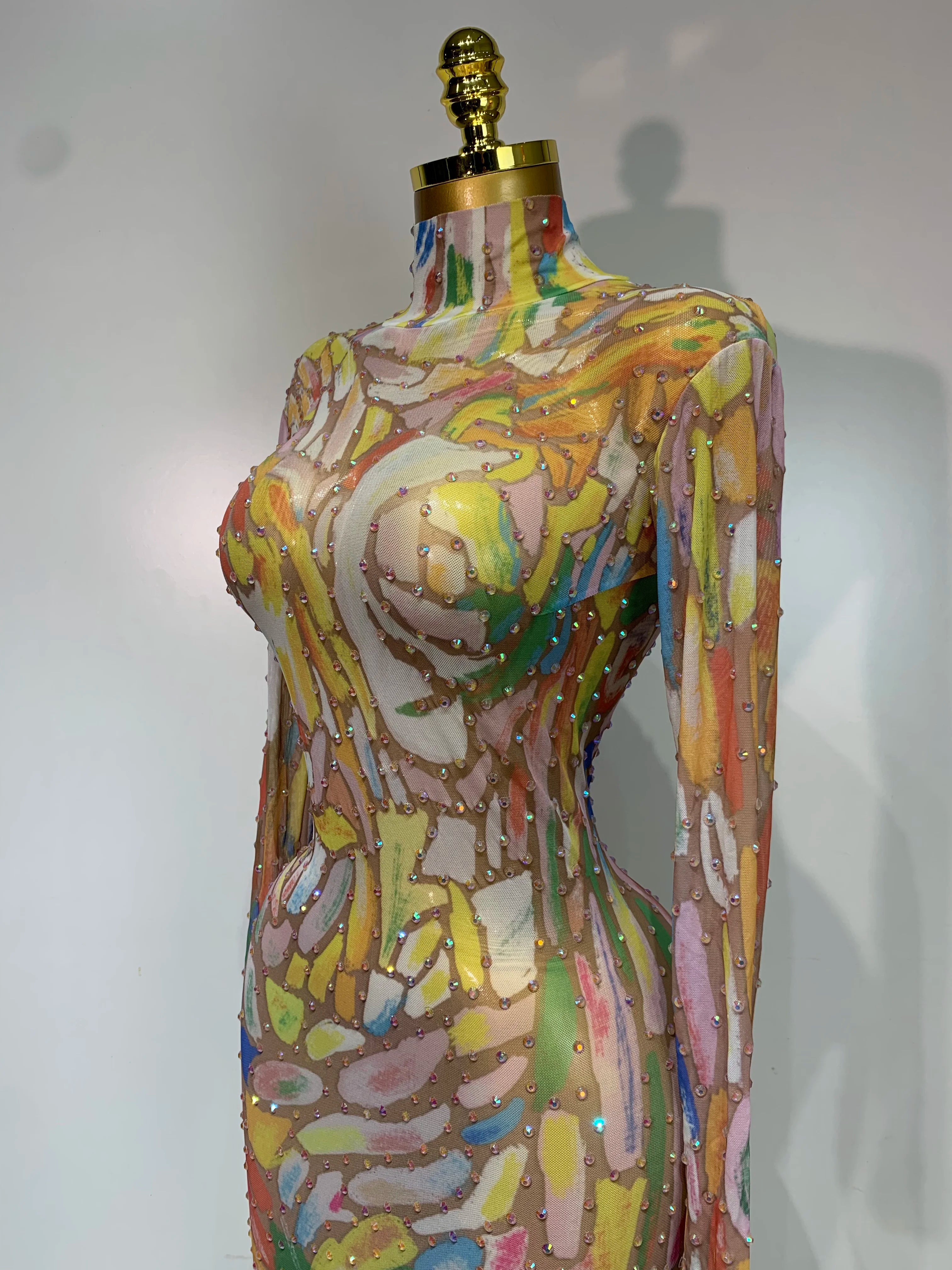 Sparkly Rhinestone Stretchy Mesh See Through Jumpsuit Women Performance Dancer Costume Rompers Party Nightclub Stage Outfit