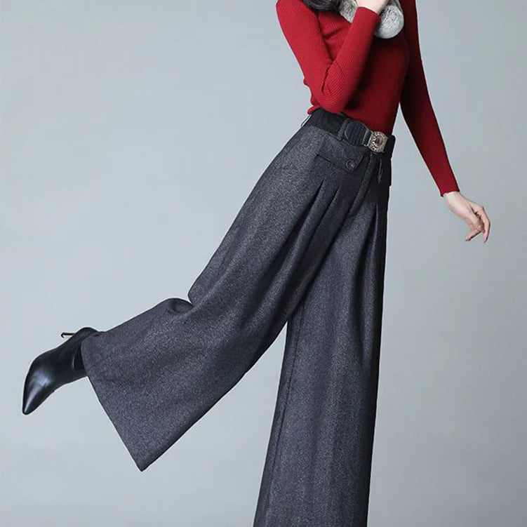 Autumn Winter Woolen Blend Culotte Elegant High Waist Belt Wide Leg Pants Women Baggy Korean Fashion Pantalones Oversize Trouser