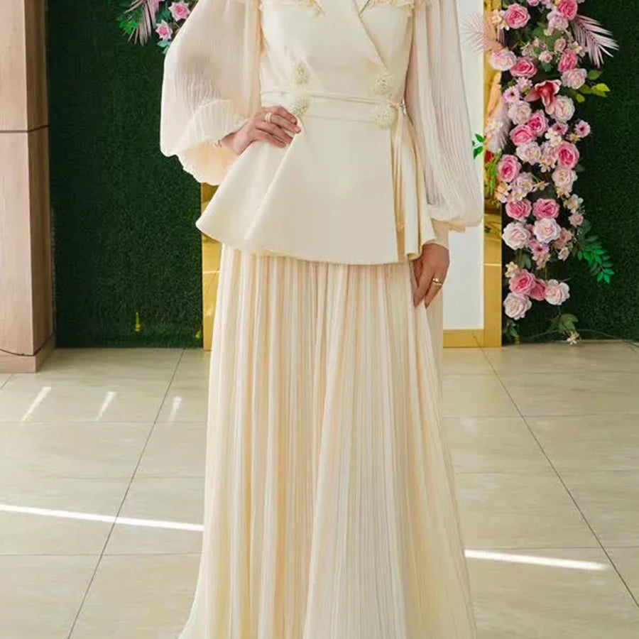 Slimming Two Piece Sets for Women Lapel Long Sleeves Spliced Double Bteasted Top Patchwork Mesh Skirt Female New APRICOT