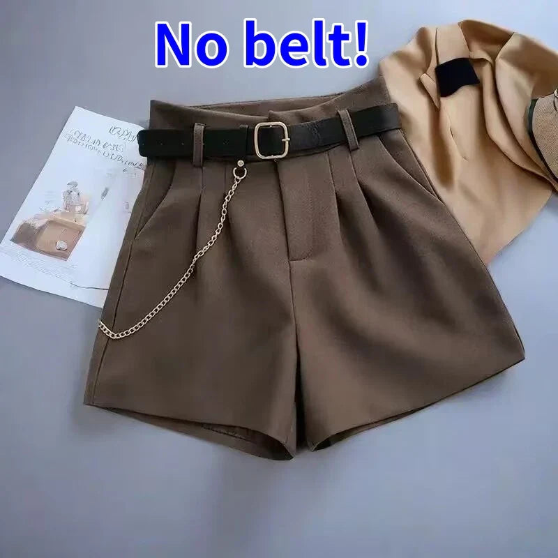 2021 New Casual Comfortable Elegant Wild Shorts With Belt Women's Woolen Shorts Autumn Winter Slim Wide Leg A-line Shorts coffee no belt