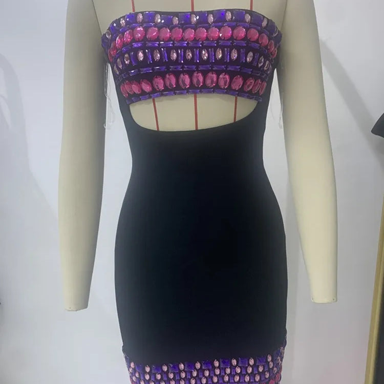 Women Celebrity Luxury Sexy Strapless Backless Pearl Cut Out Black Bodycon Bandage Dress Elegant Evening Club Party Outfit