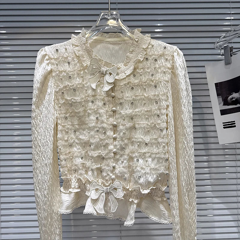 Winter New High-End Elegant Bowknot Pin Beaded Pleated Design Shirt For Women Versatile Blouse Female Trend 11A07851