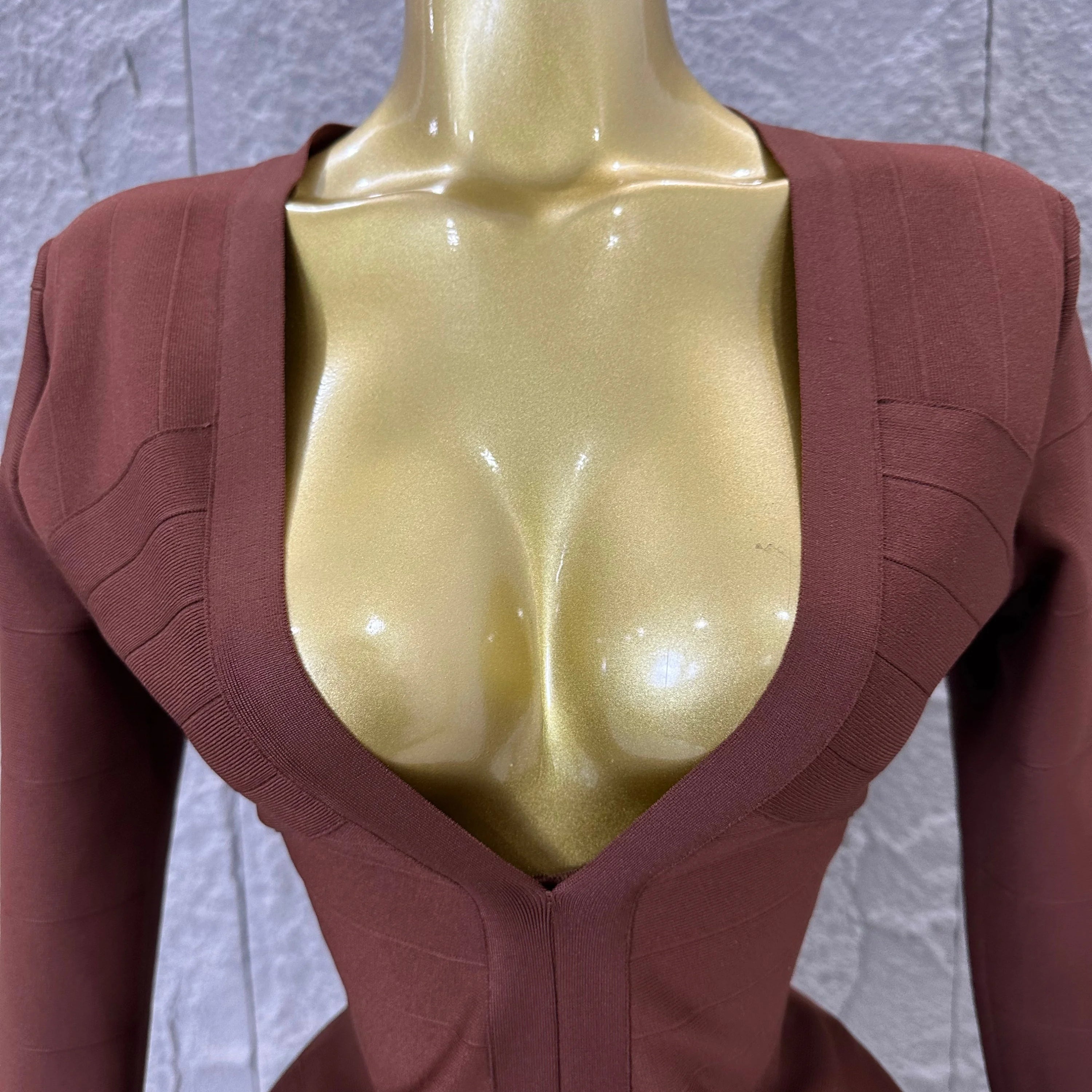 Women Elegant Brown Long Sleeve Mini Dress Women Sexy Deep V Neck Bandage Nightclub Evening Party Cocktail Party Dress