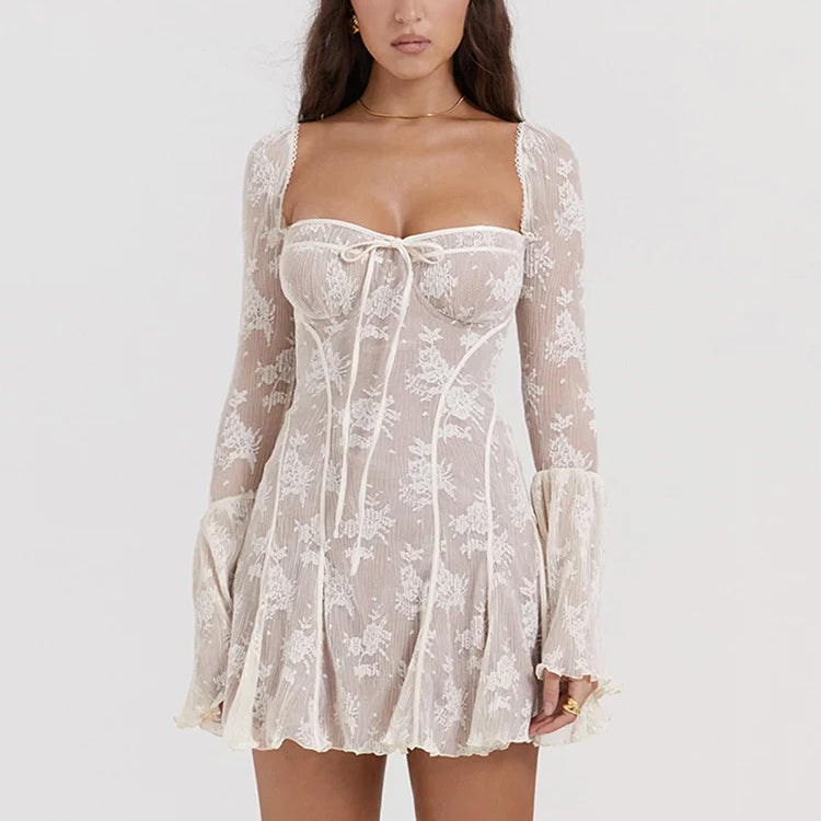 Elegant Print Mini Dress For Women Autumn Winter New Square Collar Long Sleeve Backless Loose Club Party Sexy Dress