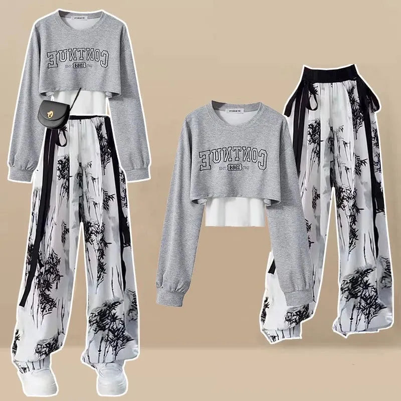 Women's Autumn Tracksuit Suit Korean Elegant Casual Short Long Sleeve Sweater+Vest+Spoort Pants 3 Piece 2024 New Matching Set Gray Set