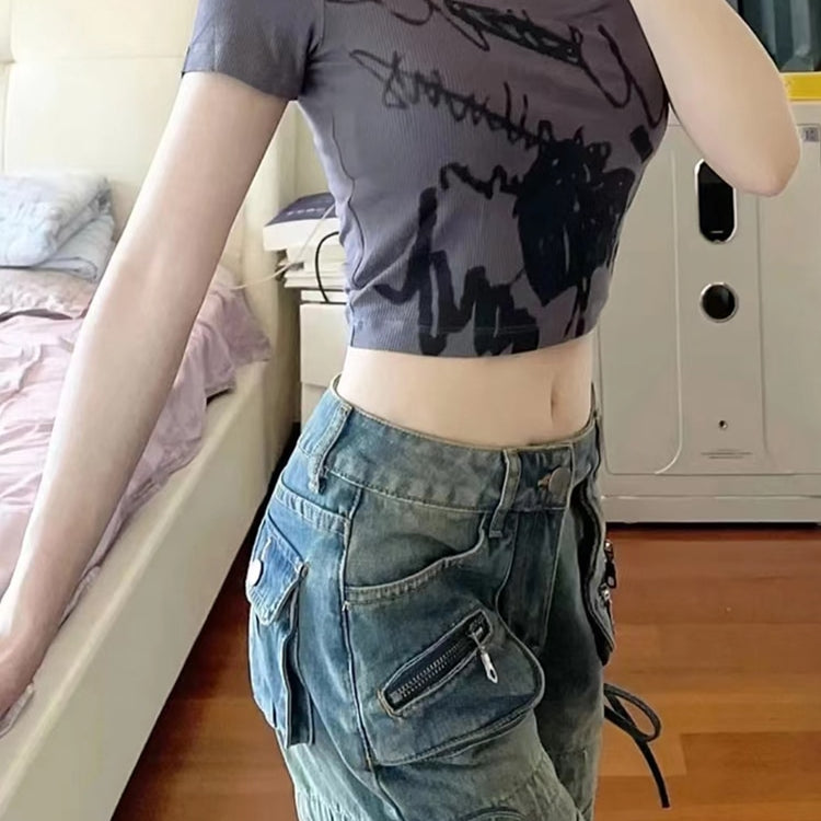 Women BF Style Y2k Streetwear Harajuku Baggy Multi-Pocket Blue Denim Cargo Pants Low Waisted Wide Leg Jeans 2000s Aesthetic Kpop