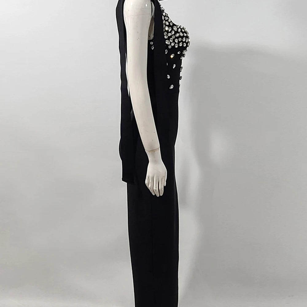 Ladies Sparkling Luxury Diamond Spaghetti Strap Backless Design Sleeveless Sexy Maxi Bandage Dress Celebrity Evening Party Gowns