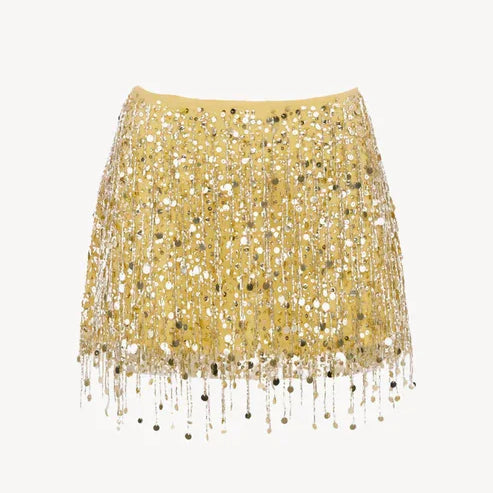 Y2K Tassel Sequin Mini Skirt Sets Women Crop Backless Sling Vest Short Hip Package A-line Skirts 2025 Summer Party Club Outfits yellow skirt