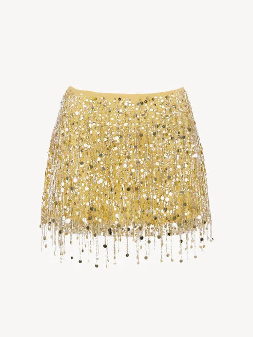 Y2K Tassel Sequin Mini Skirt Sets Women Crop Backless Sling Vest Short Hip Package A-line Skirts 2025 Summer Party Club Outfits yellow skirt