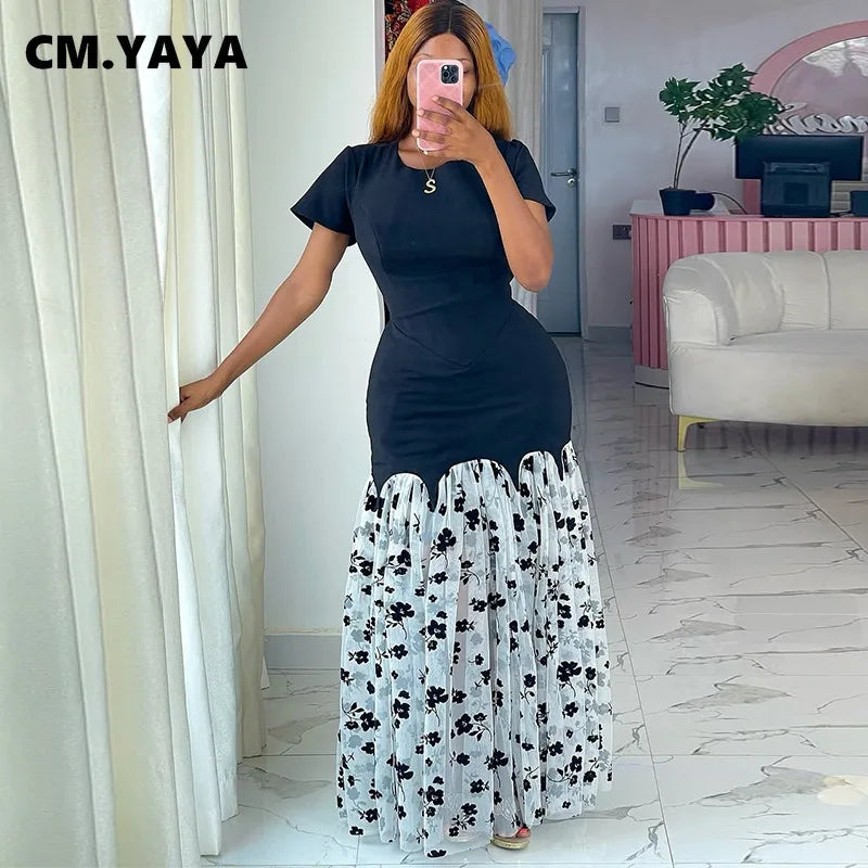 CM.YAYA Women Short Sleeve O-neck Mesh Floral Printed Long Maxi Bodycon Mermaid Dress 2025 Birthday Night Party Vestidos Dresses