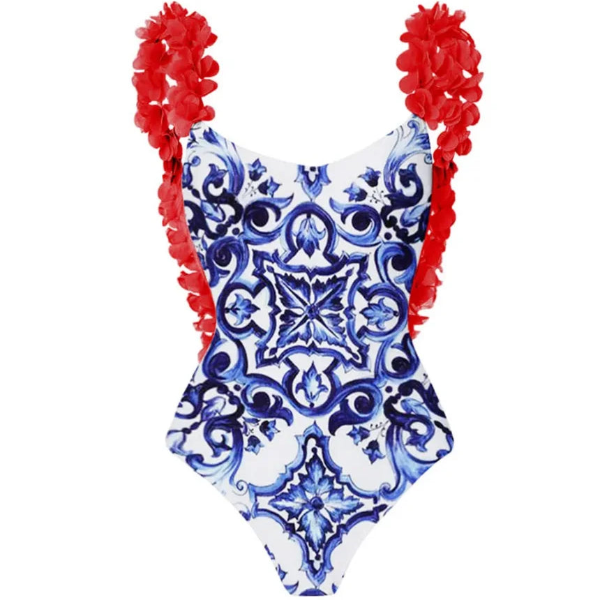 Printed Trend One Piece Swimsuit Luxury Tankini Set Women's Beachwear Push-ups Suspender Summer red swimsuit