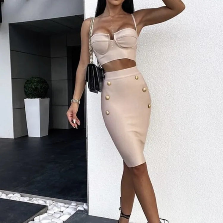 Women Summer Sexy Sleeveless V Neck Button Black Beige Hot Pink Mini Bodycon Bandage Set 2022 Elegant Evening Club Party Outfits