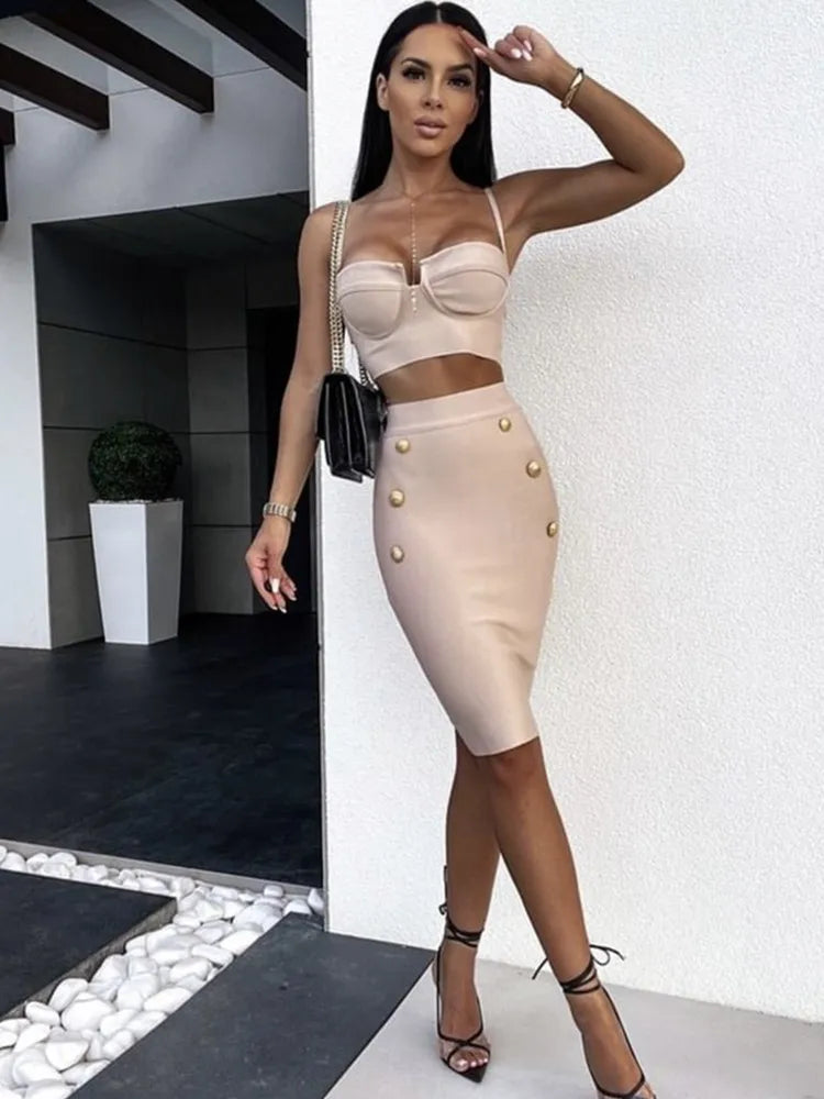 Women Summer Sexy Sleeveless V Neck Button Black Beige Hot Pink Mini Bodycon Bandage Set 2022 Elegant Evening Club Party Outfits