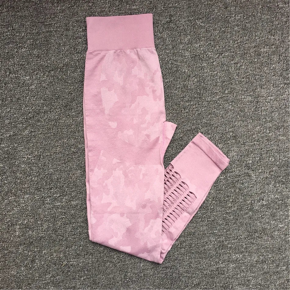 1PCS Camouflage Set Women Yoga Suit Sport Set Gym Workout Clothes Long Sleeve Fitness Crop Top High Waist Seamless Camo Leggings violet pant