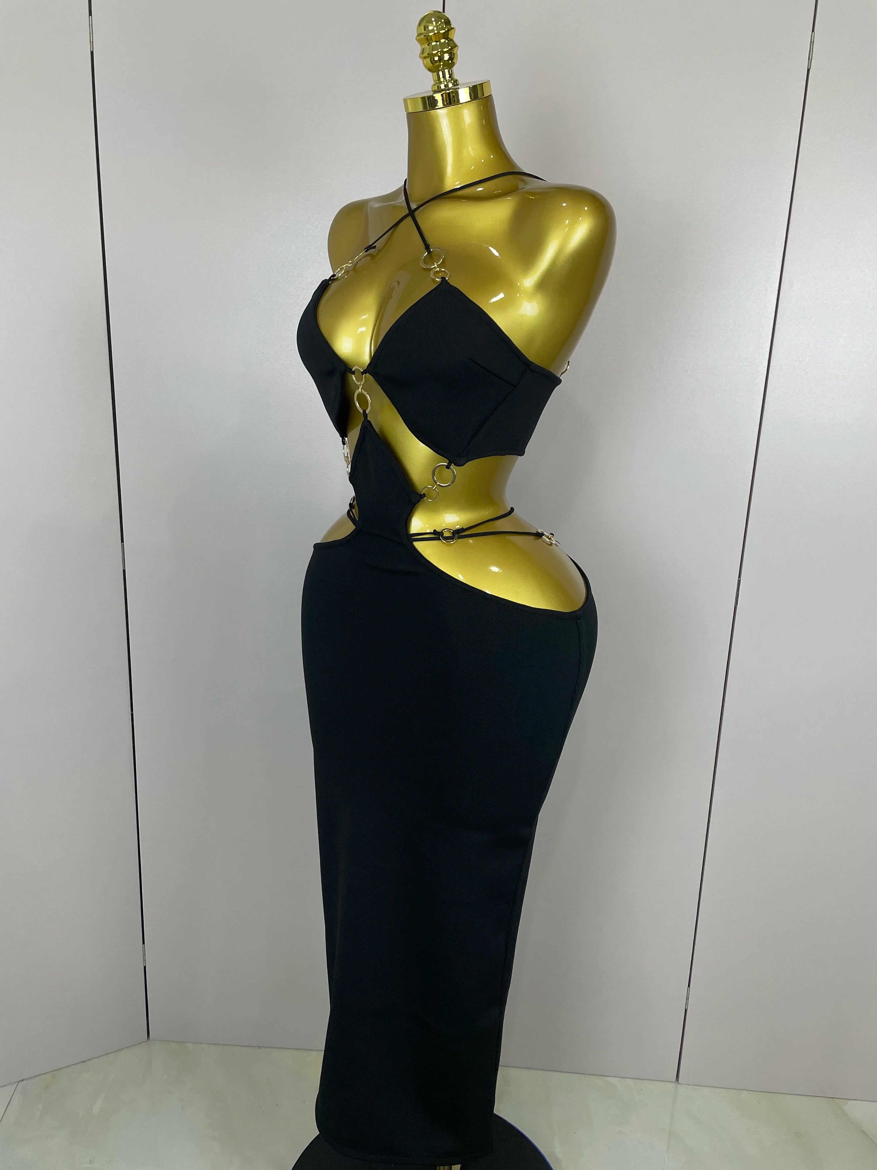 Sexy Halter Hollow Out Sleeveless Black Red Bodycon Long Bandage Dress 2025 Women Celebate Elegant Luxury Birthday Club Dress