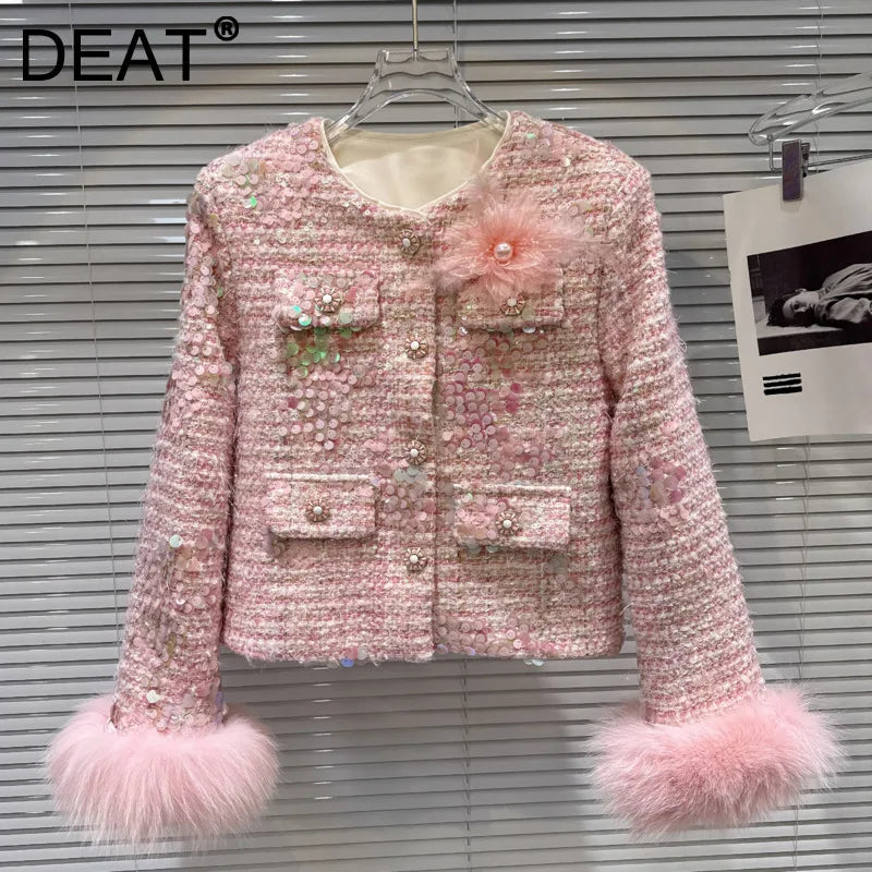 Winter New High-End Fashion Style Fox Fur Sleeve Sequin Tweed Cotton Short Coat For Women Elegant Jacket 11A07932