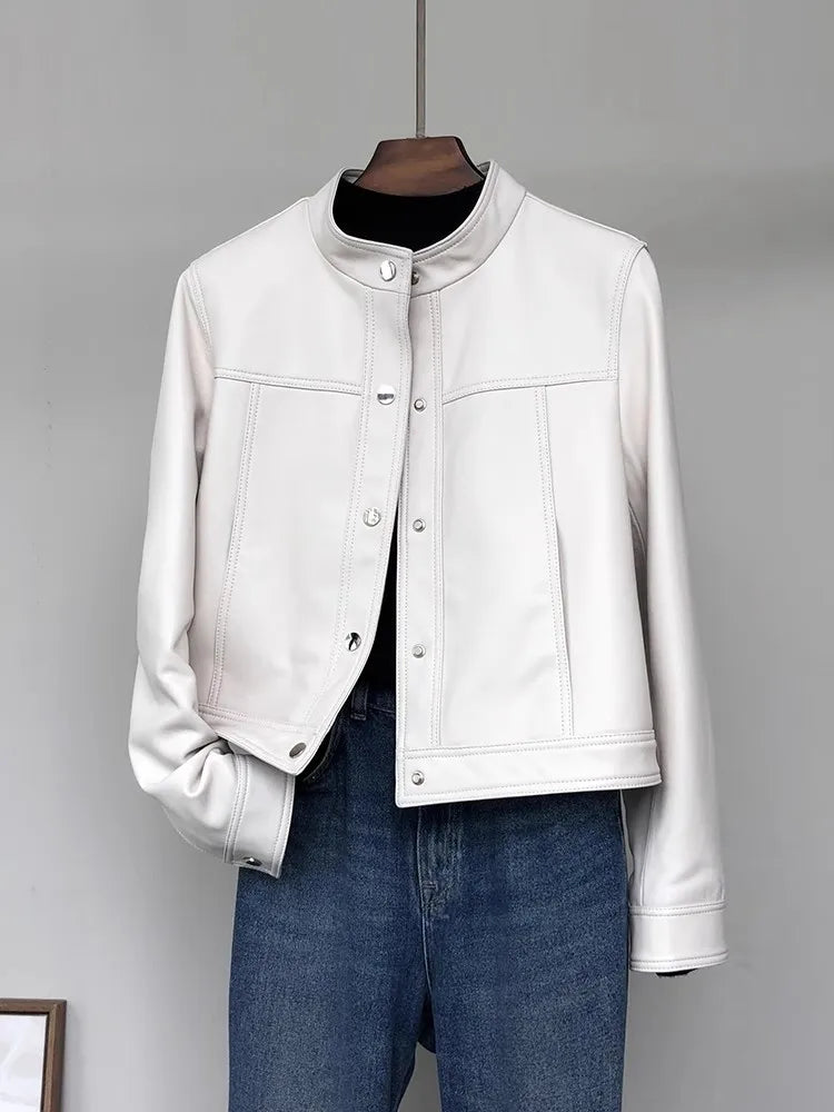 Lautaro Spring Autumn Short White Soft Pu Leather Jacket Women Stand Collar Long Sleeve Elegant Chic Luxury Designer Clothing