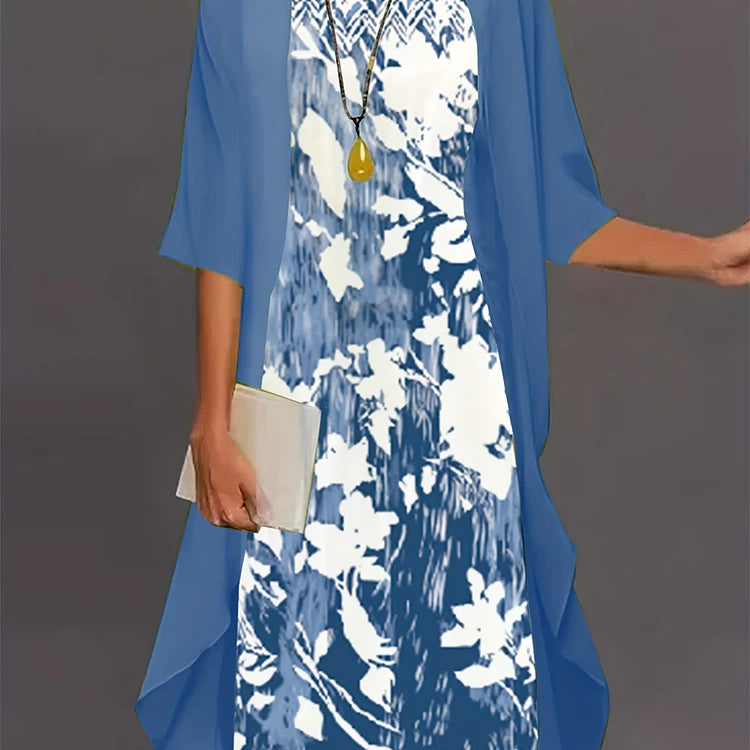 Plus Size 2024 Autumn New Women's Floral Printed Long Dress Printed Pattern Two-piece Dress Round Neck Temperament Elegant Dress