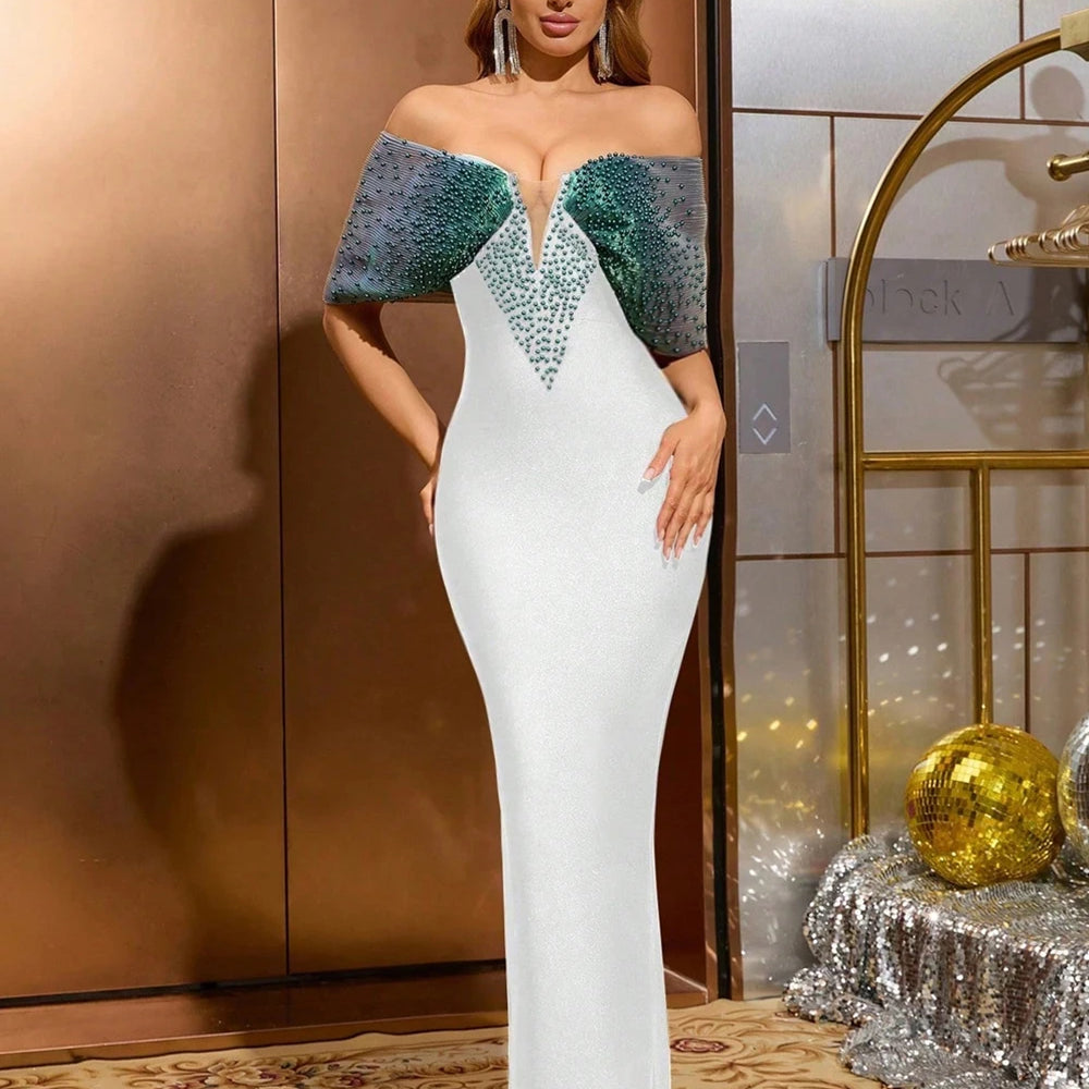 Women Sexy Pearl Beading Tight Maxi Bandage Dress Off The Shoulder Patchwork Bodycon Clothes Club Evening Party Elegant Gown