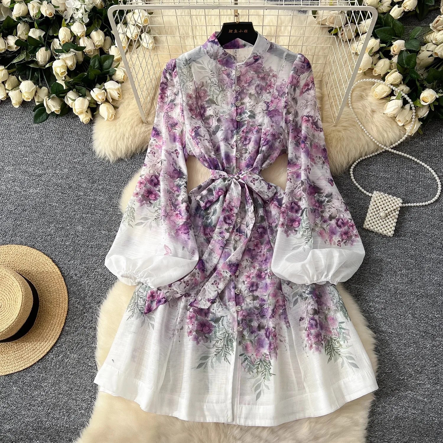 2025 Spring Holiday Gorgeous Flower Organza Dress Women Lantern Long Sleeve Beaded Button Floral Print Belt Lace Up Boho Vestido purple