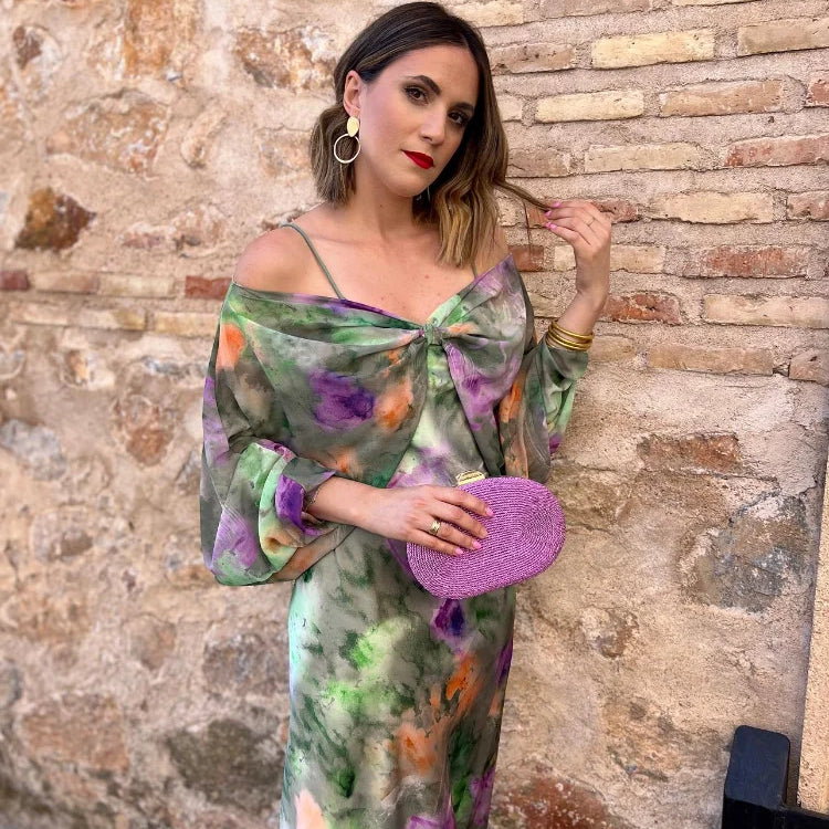 Women's Detachable Sleeves Beach Maxi Dress Sexy Backless Tie Dye Sling Dress Summer Ladies High Waist Long Robes