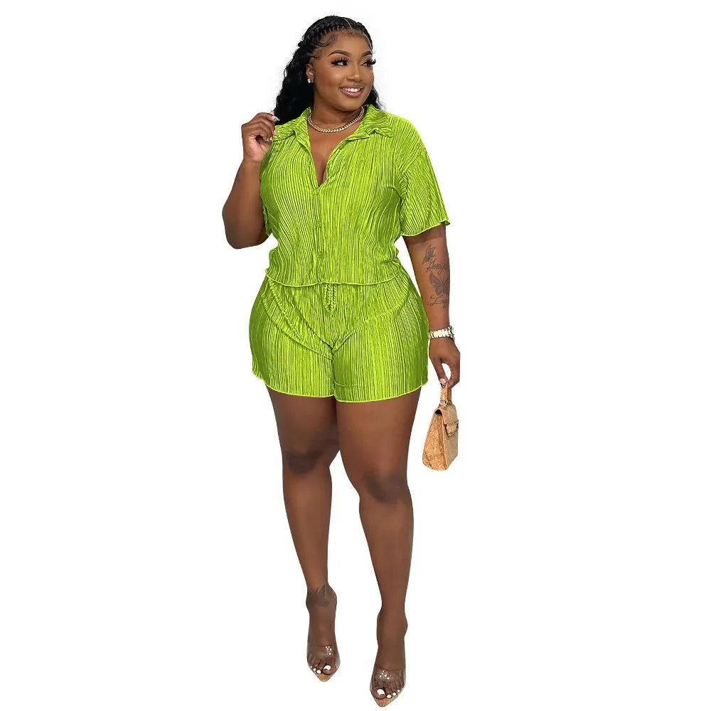 CM.YAYA Street Vintage Pleated Women's Set Short Sleeve Shirt Blouse and Shorts Suit 2023 INS Two 2 Piece Set Outfit Tracksuit Fluorescent Green