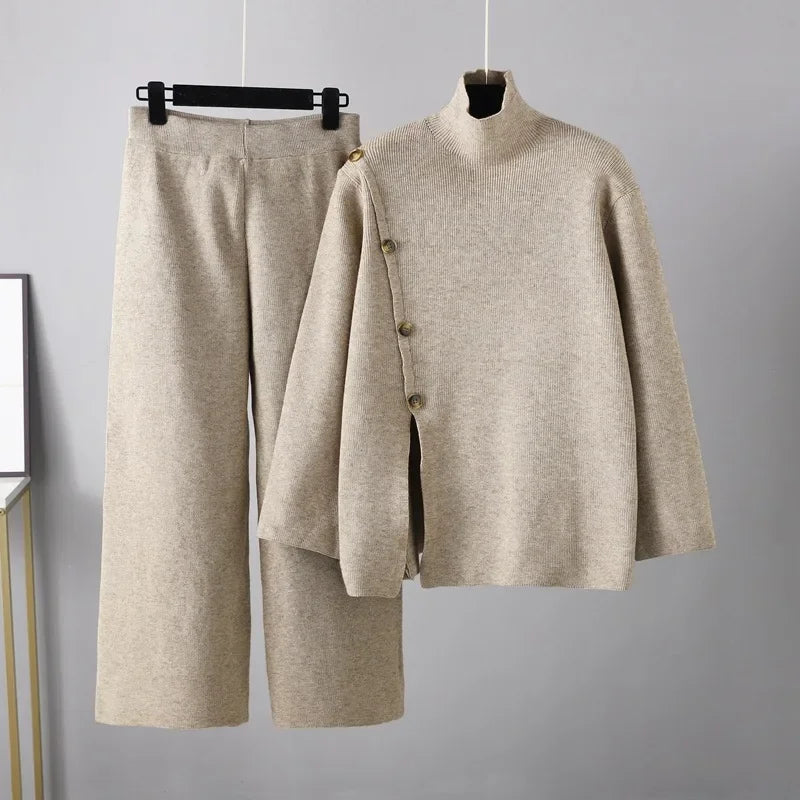 Split Knit High Neck Sweater for Women's Winter Warmth Reduction Casual Wide Leg Pants Two-piece Set