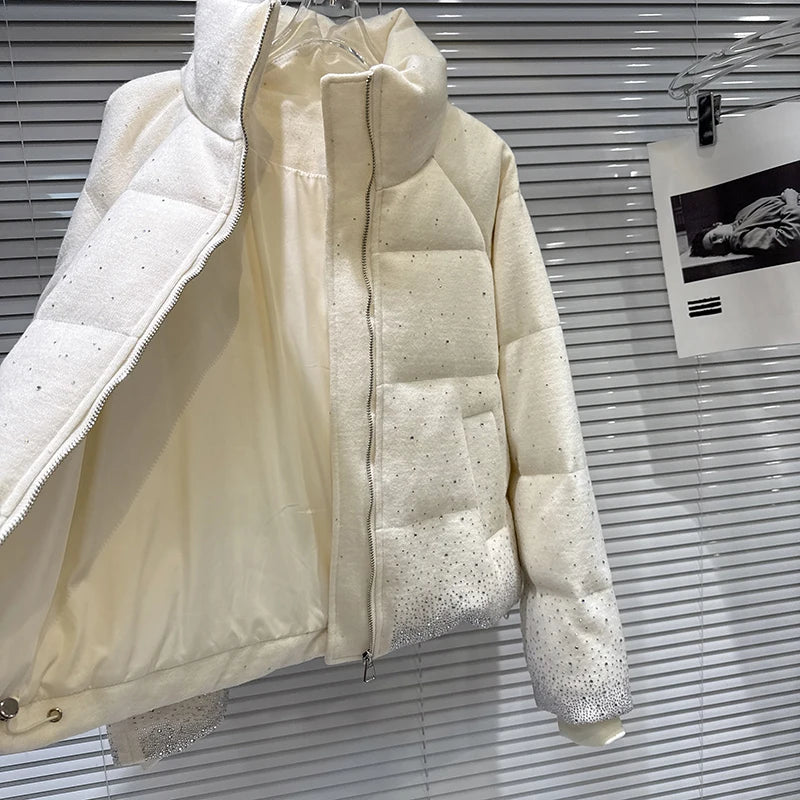 Winter New Trendy Heavy Gradient Rhinestone Stand Collar Zipper Loose Warm Jacket For Women Cotton Coat 11A07646