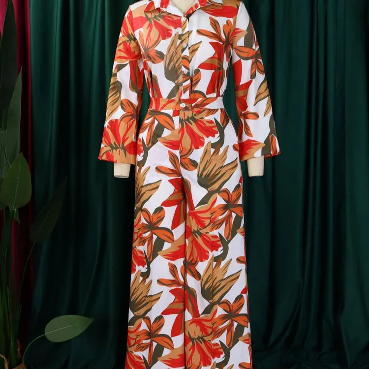 Plus Size Summer Flower Floral 2 Two Piece Set Women Bodycon Fashion Ladies Blouses Casual Loose High Waist Woman Wide Leg Pant