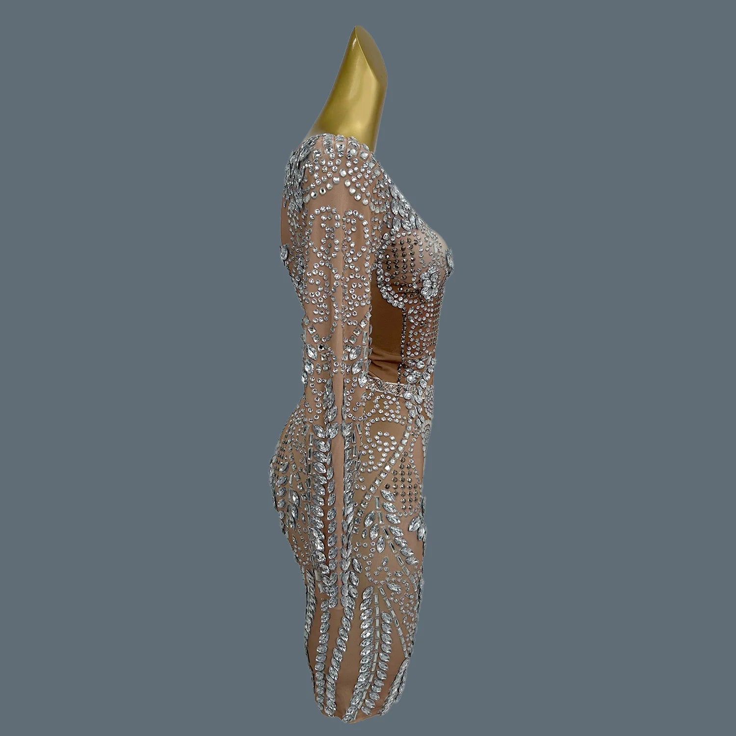 Sparkly Silver Big Rhinestone Sheer Mesh Evening Dress Birthday Celebrate Party Luxurious Costume fof Women Prom Dress Liushu