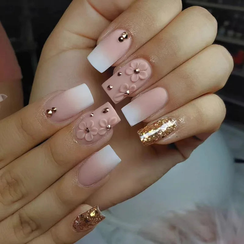 24Pcs Mid-length French False Nail with Diamond Gradient Square Press on Nails Flower Design Fake Nail Wearable Manicure Tools 829