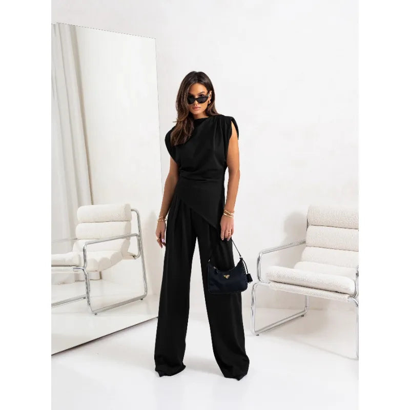 Plus Size New Women Fashion Solid Color O Neck Sleeveless Top + Pants Suit black