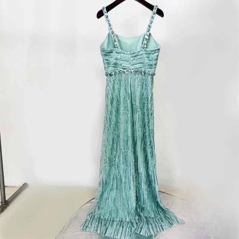 Slimming Spliced Sequins Luxurious Dresses for Women Square Neck Sleeveless Patchwork Bead Elegant Dress Female New