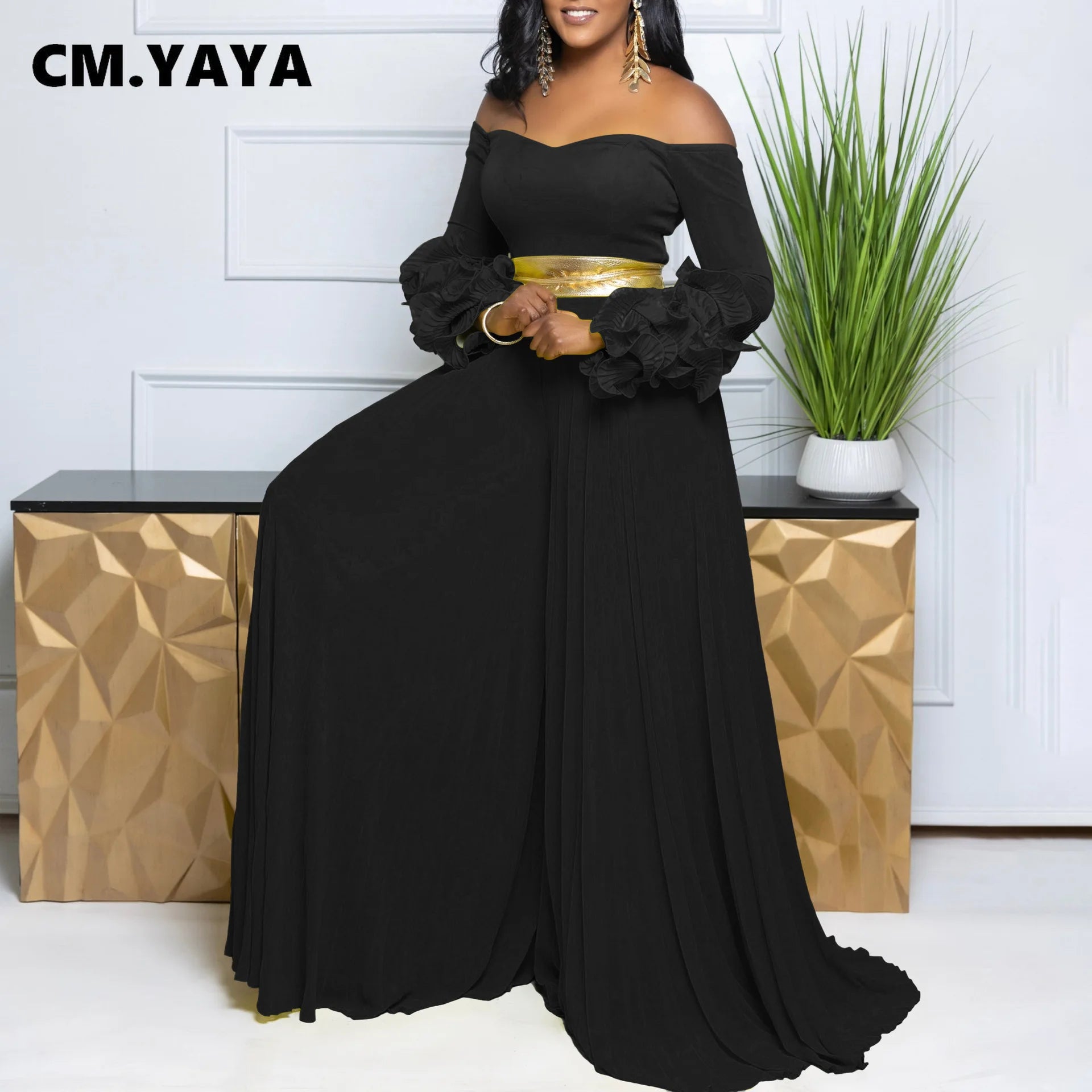 Women Long Ruffles Sleeve Pleated Slash Neck Wide Leg Long Jumpsuits Party Beach belt Street Sexy Africa Outfit Rompers
