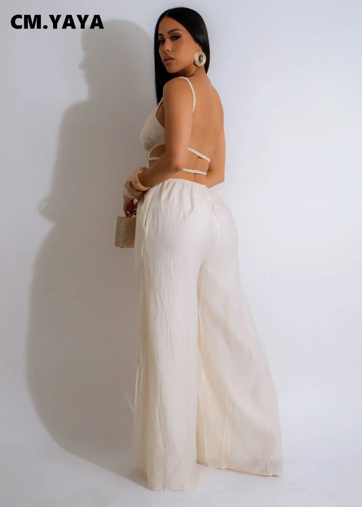 Women Sleeveless Strap V-neck Backless Wide Leg Long Jumpsuits 2025 Summer Beach Night Club Street Sexy Outfit Rompers