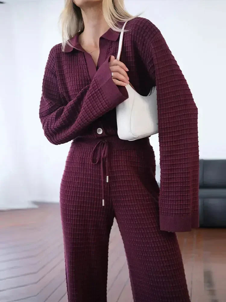 Autumn Women Wine Red Knit Sweater 2 Peice Sets V-neck Cardigan Coats High Waist Wide Leg Pants Ladies Fashion Casual Suits